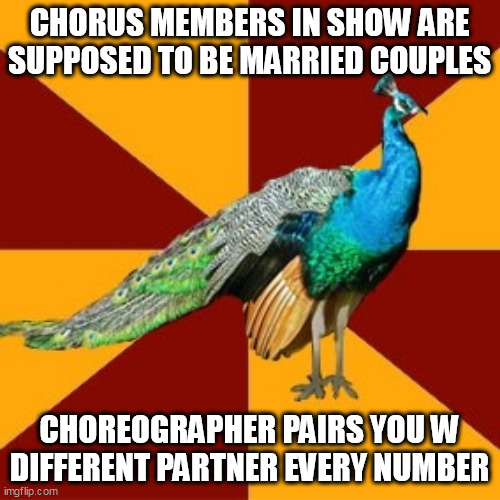 chorus couples | CHORUS MEMBERS IN SHOW ARE SUPPOSED TO BE MARRIED COUPLES; CHOREOGRAPHER PAIRS YOU W DIFFERENT PARTNER EVERY NUMBER | image tagged in thespian peacock | made w/ Imgflip meme maker