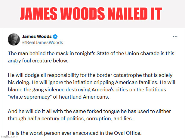 James is right | JAMES WOODS NAILED IT | image tagged in joe biden,worst president ever | made w/ Imgflip meme maker