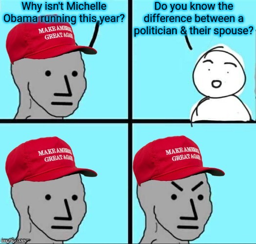 What a strange assumption to make. | Why isn't Michelle Obama running this year? Do you know the difference between a politician & their spouse? | image tagged in maga npc an an0nym0us template,conservative logic,maga,qanon | made w/ Imgflip meme maker