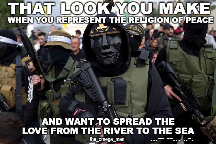 PEACE ACTIVISTS | THAT LOOK YOU MAKE; WHEN YOU REPRESENT THE RELIGION OF PEACE; AND WANT TO SPREAD THE LOVE FROM THE RIVER TO THE SEA; ...-- --... ..-. the_omega_man | image tagged in plo peace activists | made w/ Imgflip meme maker