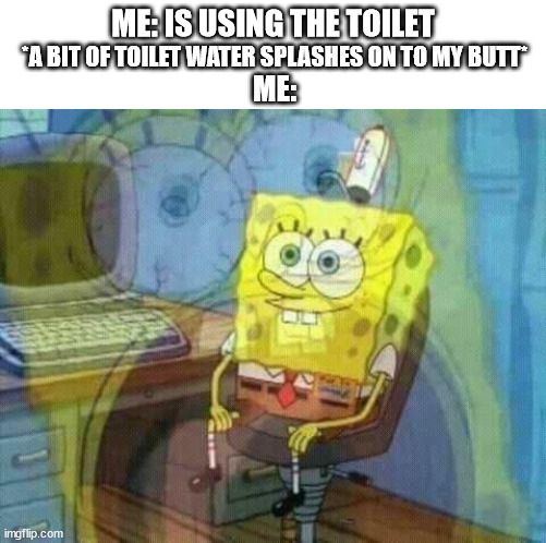 hate it when this happens | ME: IS USING THE TOILET; *A BIT OF TOILET WATER SPLASHES ON TO MY BUTT*; ME: | image tagged in spongebob panic inside | made w/ Imgflip meme maker