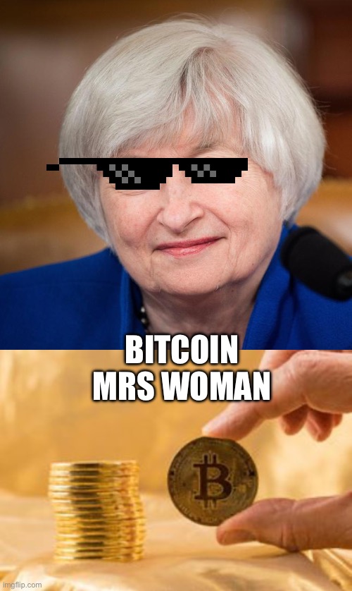 Yannet Yellen bitcoin mrs woman | BITCOIN MRS WOMAN | image tagged in stack of bitcoins | made w/ Imgflip meme maker