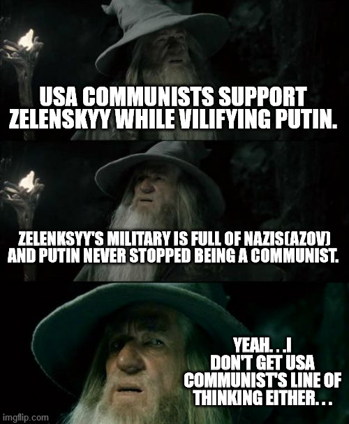 Aren't communists supposed to hate nazis? | USA COMMUNISTS SUPPORT ZELENSKYY WHILE VILIFYING PUTIN. ZELENKSYY'S MILITARY IS FULL OF NAZIS(AZOV) AND PUTIN NEVER STOPPED BEING A COMMUNIST. YEAH. . .I DON'T GET USA COMMUNIST'S LINE OF THINKING EITHER. . . | image tagged in memes,confused gandalf,stupid people,politics,political meme | made w/ Imgflip meme maker