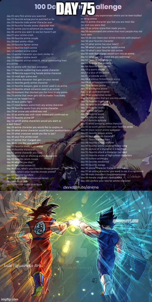 Day 75: Goku and Vegeta (Dragon Ball) (We miss you, Toriyama!) | DAY 75 | image tagged in 100 day anime challenge | made w/ Imgflip meme maker