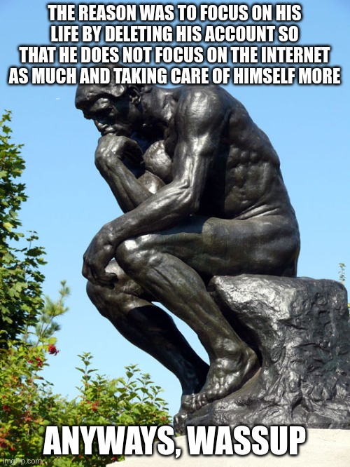 The Thinker | THE REASON WAS TO FOCUS ON HIS LIFE BY DELETING HIS ACCOUNT SO THAT HE DOES NOT FOCUS ON THE INTERNET AS MUCH AND TAKING CARE OF HIMSELF MOR | image tagged in the thinker | made w/ Imgflip meme maker