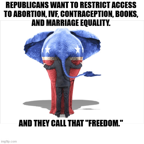 That's not freedom. | REPUBLICANS WANT TO RESTRICT ACCESS 
TO ABORTION, IVF, CONTRACEPTION, BOOKS, 
AND MARRIAGE EQUALITY. AND THEY CALL THAT "FREEDOM." | image tagged in republican with his head up an elephant's behind,gop,abortion,contraception,books,marriage equality | made w/ Imgflip meme maker