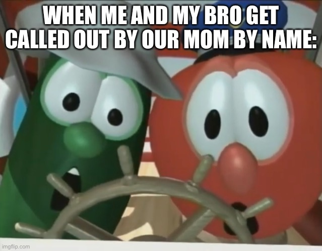 I ain’t wrong tho | WHEN ME AND MY BRO GET CALLED OUT BY OUR MOM BY NAME: | image tagged in veggietales - larry's lagoon | made w/ Imgflip meme maker