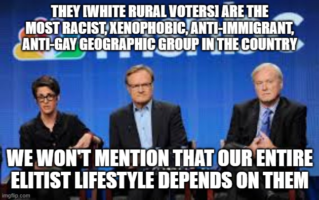 MSNBC hosts are stupid | THEY [WHITE RURAL VOTERS] ARE THE MOST RACIST, XENOPHOBIC, ANTI-IMMIGRANT, ANTI-GAY GEOGRAPHIC GROUP IN THE COUNTRY; WE WON'T MENTION THAT OUR ENTIRE ELITIST LIFESTYLE DEPENDS ON THEM | image tagged in msnbc hosts are stupid | made w/ Imgflip meme maker