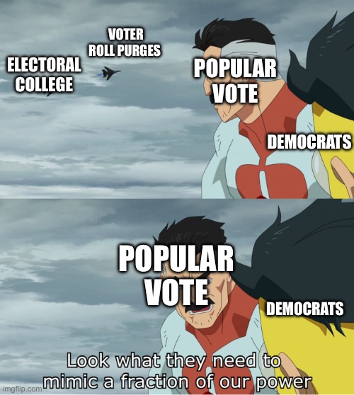 Gives the conservative avg a 3pt swing. | VOTER ROLL PURGES; POPULAR VOTE; ELECTORAL COLLEGE; DEMOCRATS; POPULAR VOTE; DEMOCRATS | image tagged in fraction of our power,electoral college,voter purges,i love democracy | made w/ Imgflip meme maker