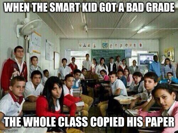 Why do you do that | WHEN THE SMART KID GOT A BAD GRADE; THE WHOLE CLASS COPIED HIS PAPER | image tagged in class looking at you,really | made w/ Imgflip meme maker