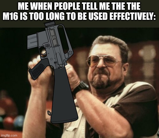 Does it look like a give a f- | ME WHEN PEOPLE TELL ME THE THE M16 IS TOO LONG TO BE USED EFFECTIVELY: | image tagged in memes,am i the only one around here | made w/ Imgflip meme maker
