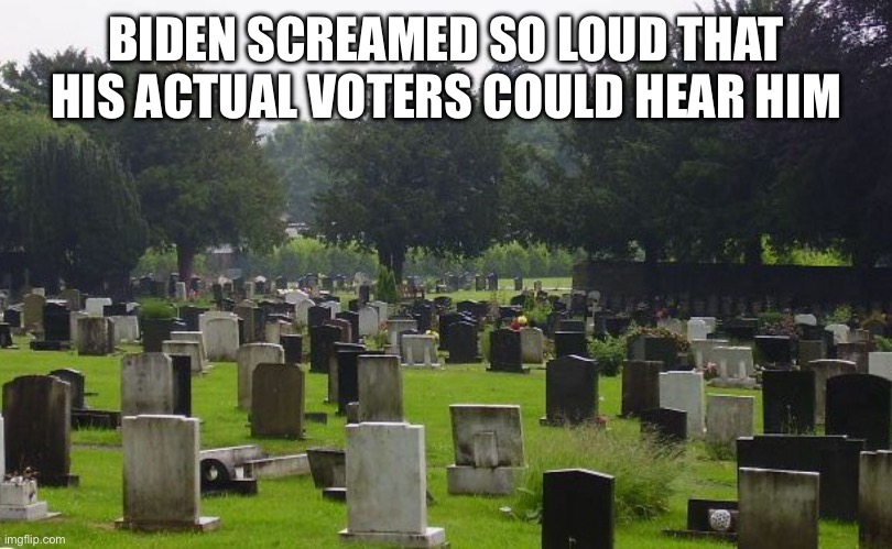 Graveyard | BIDEN SCREAMED SO LOUD THAT HIS ACTUAL VOTERS COULD HEAR HIM | image tagged in graveyard | made w/ Imgflip meme maker