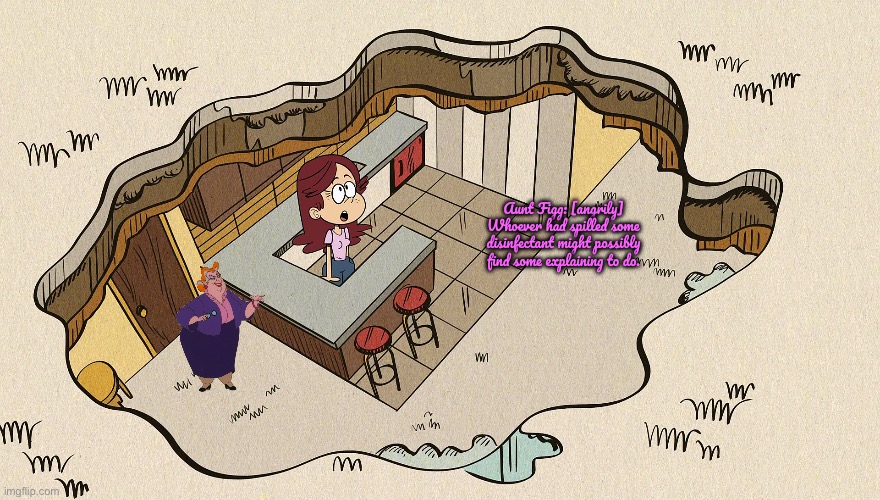 Aunt Figg is Mad at Lisa | Aunt Figg: [angrily] Whoever had spilled some disinfectant might possibly find some explaining to do. | image tagged in the loud house,tom and jerry,deviantart,nickelodeon,angry,damage | made w/ Imgflip meme maker