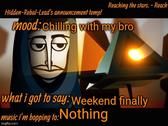 Sup | Chilling with my bro; Weekend finally; Nothing | image tagged in hidden-rebal-leads announcement temp,memes,funny,sammy | made w/ Imgflip meme maker