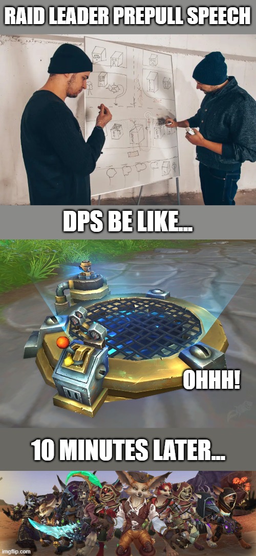 Raid Leader Woes | RAID LEADER PREPULL SPEECH; DPS BE LIKE... OHHH! 10 MINUTES LATER... | image tagged in warcraft,world of warcraft,raiders,raid | made w/ Imgflip meme maker