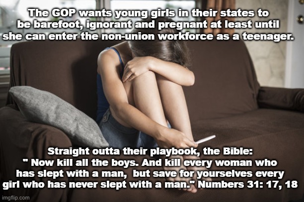 How the GOP sees girls | The GOP wants young girls in their states to be barefoot, ignorant and pregnant at least until she can enter the non-union workforce as a teenager. Straight outta their playbook, the Bible:
" Now kill all the boys. And kill every woman who has slept with a man,  but save for yourselves every girl who has never slept with a man." Numbers 31: 17, 18 | image tagged in girls,gop,bible,pregnant,barefoot,ignorant | made w/ Imgflip meme maker