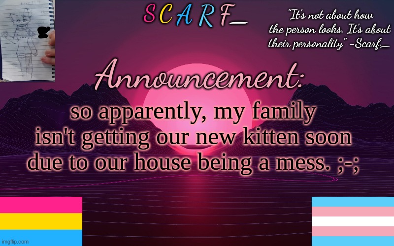 Scarf_'s Temp by emma | so apparently, my family isn't getting our new kitten soon due to our house being a mess. ;-; | image tagged in scarf_'s temp by emma | made w/ Imgflip meme maker