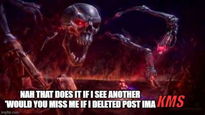 PrImE | NAH THAT DOES IT IF I SEE ANOTHER 'WOULD YOU MISS ME IF I DELETED POST IMA; KMS | image tagged in prime | made w/ Imgflip meme maker