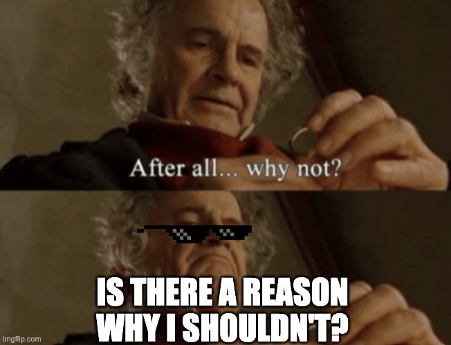 After all.. why not? | IS THERE A REASON WHY I SHOULDN'T? | image tagged in after all why not | made w/ Imgflip meme maker