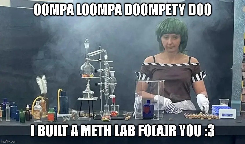 willy wonka gone wild | OOMPA LOOMPA DOOMPETY DOO; I BUILT A METH LAB FO(A)R YOU :3 | image tagged in funny,funny memes,funny meme,willy wonka | made w/ Imgflip meme maker