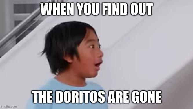 when you find out the doritos are gone | WHEN YOU FIND OUT; THE DORITOS ARE GONE | image tagged in speechless ryan,doritos,funny,meme,ryan's world,gone | made w/ Imgflip meme maker