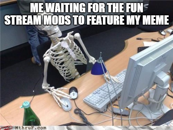 6.9 trillion years later... | ME WAITING FOR THE FUN STREAM MODS TO FEATURE MY MEME | image tagged in skeleton computer,fun stream,imgflip mods | made w/ Imgflip meme maker