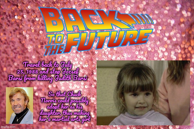 Back to the Future - Judith Barsi | Travel back to July 25, 1988 and stop Jozsef Barsi from killing Judith Barsi; So that Chuck Norris could possibly adopt her as his daughter, thus making her a martial arts girl | image tagged in pink sequin background,back to the future,movie,steven spielberg,chuck norris,deviantart | made w/ Imgflip meme maker