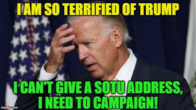 Joe Biden worries | I AM SO TERRIFIED OF TRUMP I CAN'T GIVE A SOTU ADDRESS,
I NEED TO CAMPAIGN! | image tagged in joe biden worries | made w/ Imgflip meme maker