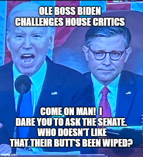 OLE BOSS BIDEN CHALLENGES HOUSE CRITICS; COME ON MAN!  I DARE YOU TO ASK THE SENATE.  WHO DOESN'T LIKE THAT THEIR BUTT'S BEEN WIPED? | made w/ Imgflip meme maker