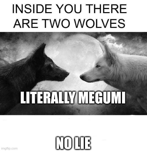 Inside you there are two wolves | LITERALLY MEGUMI; NO LIE | image tagged in inside you there are two wolves | made w/ Imgflip meme maker