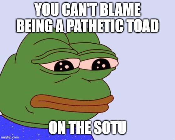 Pepe the Frog | YOU CAN'T BLAME
BEING A PATHETIC TOAD ON THE SOTU | image tagged in pepe the frog | made w/ Imgflip meme maker