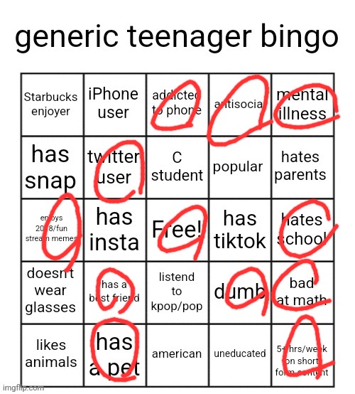 generic teenager bingo | image tagged in generic teenager bingo | made w/ Imgflip meme maker