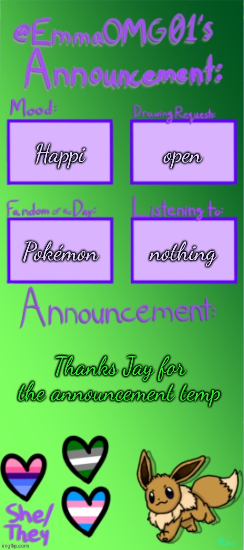 Emma's announcement temp (thanks Jay) | Happi; open; nothing; Pokémon; Thanks Jay for the announcement temp | image tagged in emma's announcement temp thanks jay | made w/ Imgflip meme maker