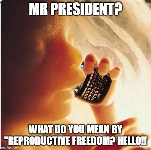 Baby in womb on cell phone - fetus blackberry | MR PRESIDENT? WHAT DO YOU MEAN BY "REPRODUCTIVE FREEDOM? HELLO!! | image tagged in baby in womb on cell phone - fetus blackberry | made w/ Imgflip meme maker