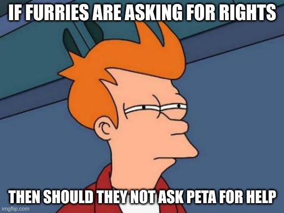 Futurama Fry | IF FURRIES ARE ASKING FOR RIGHTS; THEN SHOULD THEY NOT ASK PETA FOR HELP | image tagged in memes,futurama fry | made w/ Imgflip meme maker