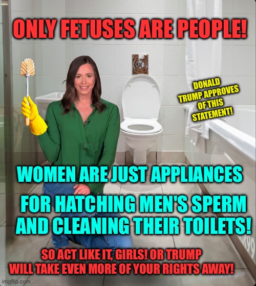 Katie britt says women are appliances not people | ONLY FETUSES ARE PEOPLE! DONALD TRUMP APPROVES OF THIS STATEMENT! WOMEN ARE JUST APPLIANCES; FOR HATCHING MEN'S SPERM AND CLEANING THEIR TOILETS! SO ACT LIKE IT, GIRLS! OR TRUMP WILL TAKE EVEN MORE OF YOUR RIGHTS AWAY! | image tagged in katie britt,donald trump,gop,trump | made w/ Imgflip meme maker