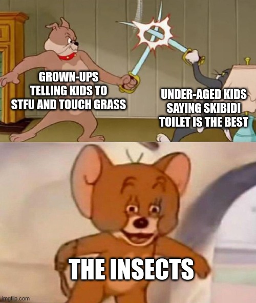j8i grn anra fin | GROWN-UPS TELLING KIDS TO STFU AND TOUCH GRASS; UNDER-AGED KIDS SAYING SKIBIDI TOILET IS THE BEST; THE INSECTS | image tagged in tom and jerry swordfight,memes | made w/ Imgflip meme maker