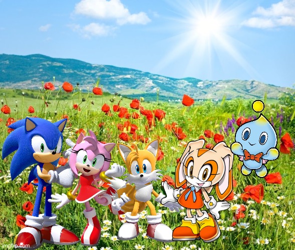 Sonic,Amy,Tails,Cream and Cheese having a beautiful landscape adventure | image tagged in poetic landscape,sonic the hedgehog,sonic | made w/ Imgflip meme maker