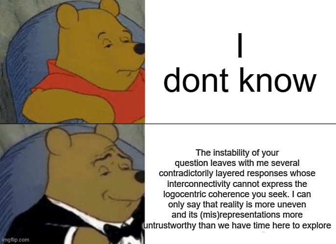 When your Scholar | I dont know; The instability of your question leaves with me several contradictorily layered responses whose interconnectivity cannot express the logocentric coherence you seek. I can only say that reality is more uneven and its (mis)representations more untrustworthy than we have time here to explore | image tagged in memes,tuxedo winnie the pooh,funny,fancy | made w/ Imgflip meme maker