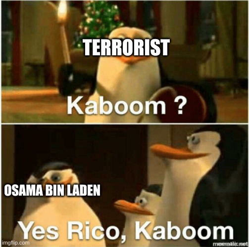 Kaboom? Yes Rico, Kaboom. | TERRORIST; OSAMA BIN LADEN | image tagged in kaboom yes rico kaboom,memes,dark humor | made w/ Imgflip meme maker