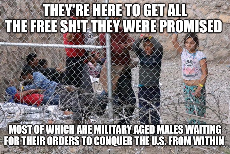 illegal immigrants | THEY'RE HERE TO GET ALL THE FREE SH!T THEY WERE PROMISED; MOST OF WHICH ARE MILITARY AGED MALES WAITING FOR THEIR ORDERS TO CONQUER THE U.S. FROM WITHIN | image tagged in illegal immigrant | made w/ Imgflip meme maker