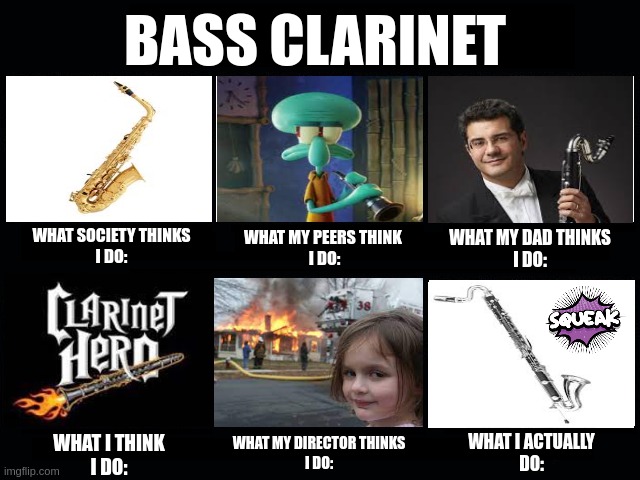 The Sad Life Of A Bass Clarinetist | BASS CLARINET; WHAT SOCIETY THINKS
I DO:; WHAT MY PEERS THINK
 I DO:; WHAT MY DAD THINKS
I DO:; WHAT I THINK
I DO:; WHAT I ACTUALLY
DO:; WHAT MY DIRECTOR THINKS
I DO: | image tagged in what my friends think i do,band,marching band,funny memes | made w/ Imgflip meme maker