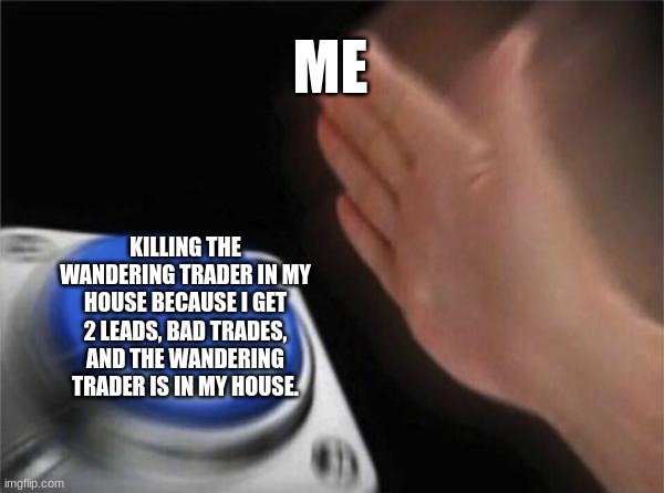 Blank Nut Button Meme | ME; KILLING THE WANDERING TRADER IN MY HOUSE BECAUSE I GET 2 LEADS, BAD TRADES, AND THE WANDERING TRADER IS IN MY HOUSE. | image tagged in memes,blank nut button | made w/ Imgflip meme maker