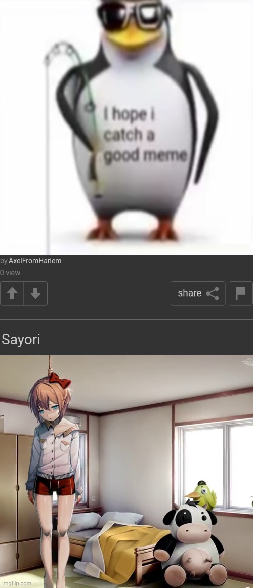I hope I catch a good meme | AxelFromHarlem; Sayori | image tagged in two posts | made w/ Imgflip meme maker