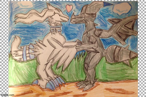 Zekrom and Reshiram having a romantic moment | image tagged in free,pokemon,fanart | made w/ Imgflip meme maker