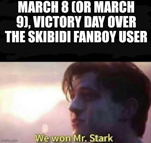 We won Mr. Stark | MARCH 8 (OR MARCH 9), VICTORY DAY OVER THE SKIBIDI FANBOY USER | image tagged in we won mr stark | made w/ Imgflip meme maker