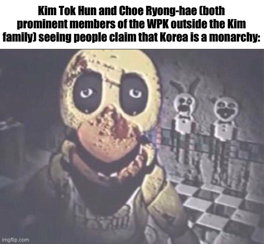 Thinking bout posting this, may as well cause this stream is inactive ah hell | Kim Tok Hun and Choe Ryong-hae (both prominent members of the WPK outside the Kim family) seeing people claim that Korea is a monarchy: | image tagged in chica staring into camera | made w/ Imgflip meme maker