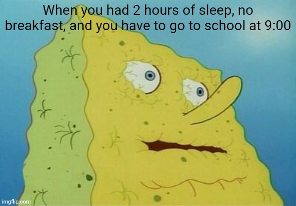 Dehydrated SpongeBob | When you had 2 hours of sleep, no breakfast, and you have to go to school at 9:00 | image tagged in dehydrated spongebob | made w/ Imgflip meme maker