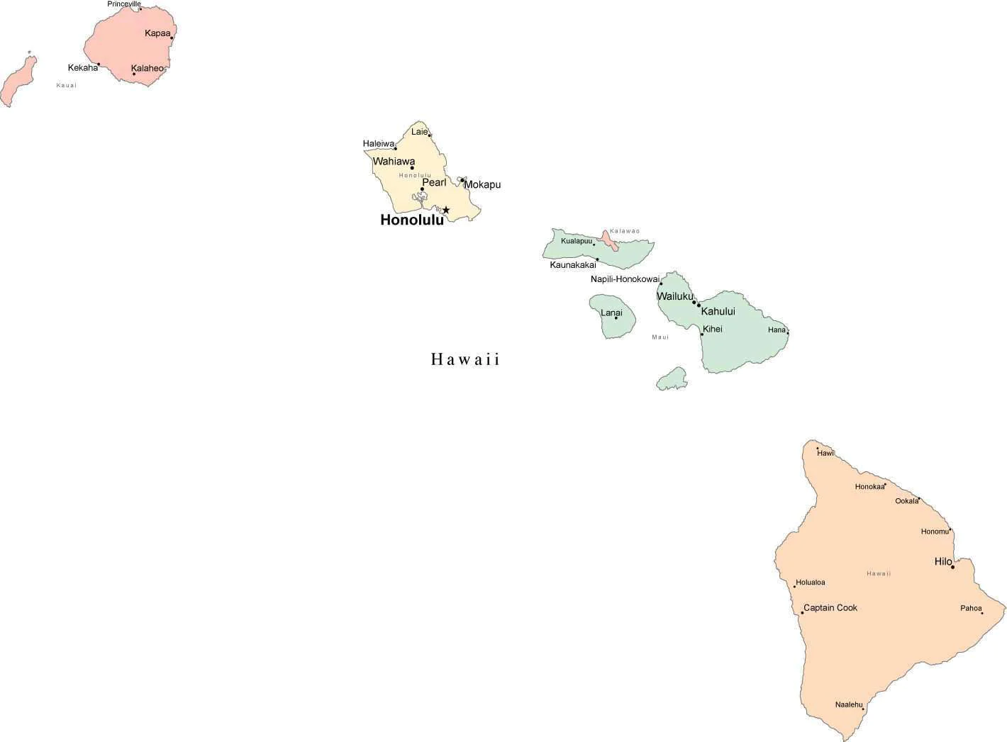 Multi Color Hawaii Map with Counties, Capitals, and Major Cities Blank Meme Template