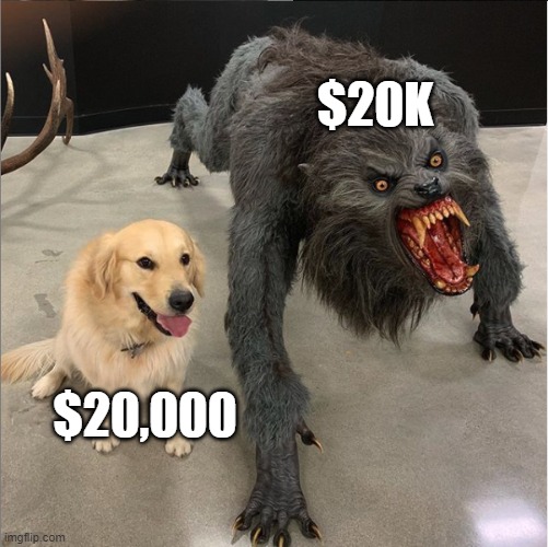 What are other ways to refer money? | $20K; $20,000 | image tagged in dog vs werewolf,memes,money | made w/ Imgflip meme maker